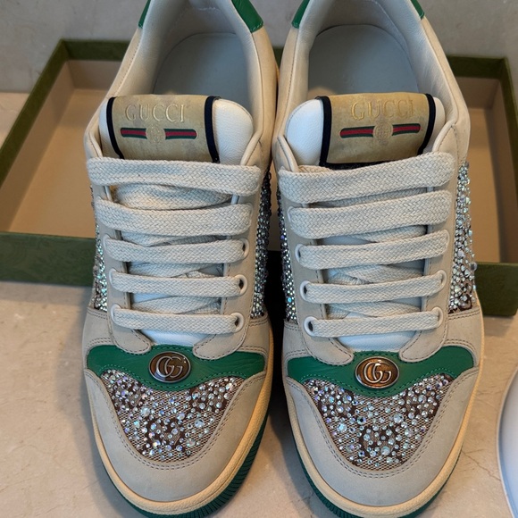 Gucci Shoes - Gucci Women's Crystal-Embellished Green and Cream Sneakers